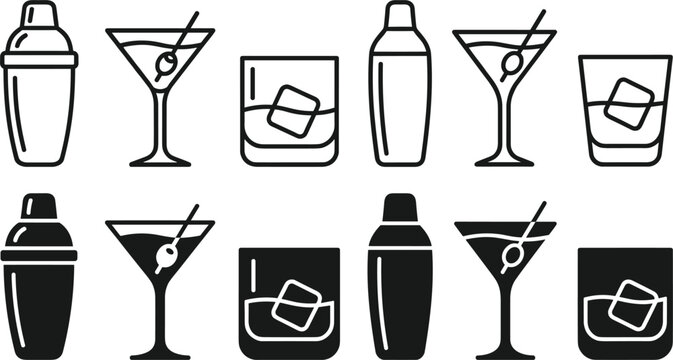 Minimalist Cocktail and Bar Drink Icon Set with Shaker Martini Glass and Whiskey Tumbler for Beverage Menu Designs