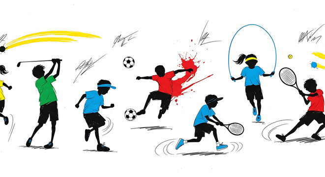 Energetic children engaged in various sports activity clipart set against a playground backdrop featuring soccer tennis and golf