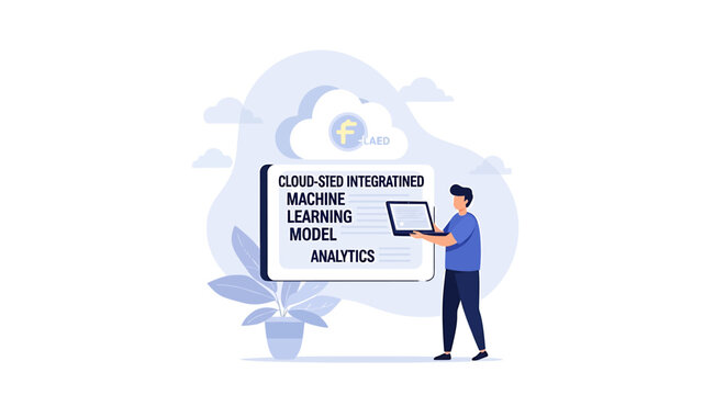Flat vector illustration of a man working on cloud based integrated machine learning model analytics.