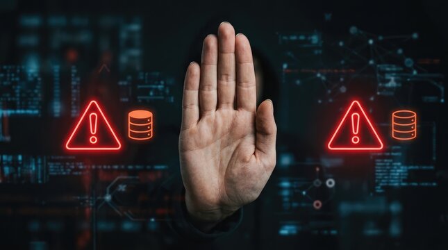 Hand stopping cyber threats with warning signs. Digital security concept blocking hacker attacks and data breaches.