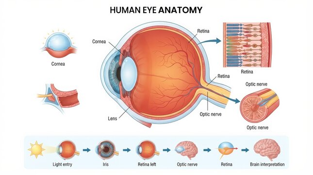 Detailed eye anatomy diagram showing components and structure of the ocular system.