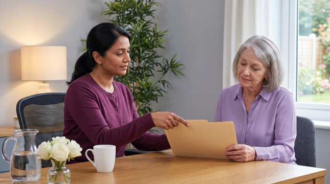 Hospice family support worker helping a widow with paperwork