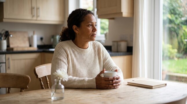 Woman sitting alone with a cup of tea after a bereavement
