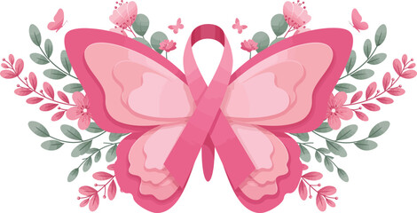 Fototapeta premium A beautiful pink breast cancer awareness ribbon shaped like a butterfly decorated with delicate watercolor flowers and green leaves isolated illustration