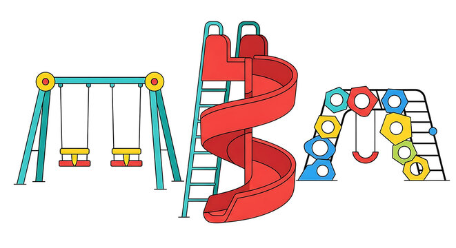 Colorful playground set featuring a red spiral slide swing set and climbing structure in a flat clipart style for childrens activities