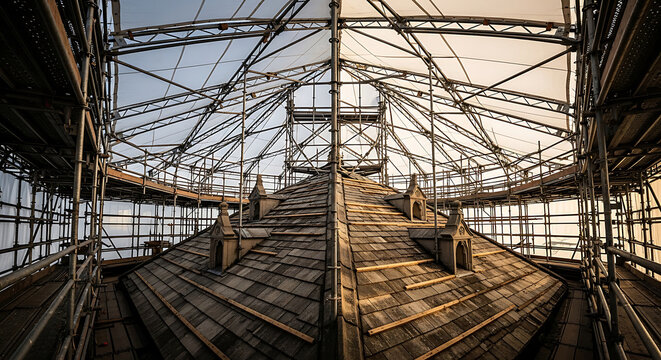 Scaffolding for the restoration of a historic roof on a cathedral during construction renovation