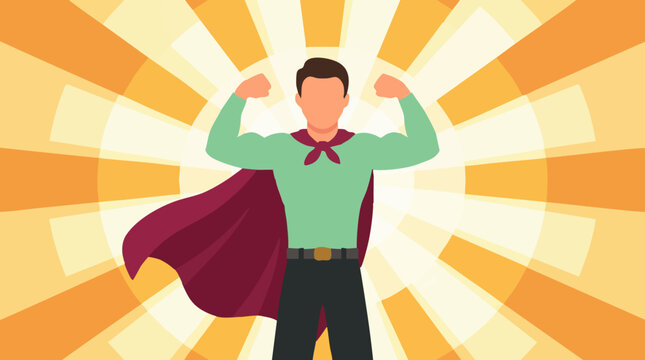 Confident superhero man flexing muscles against a radiant background of success