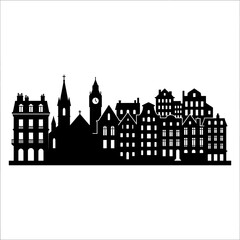 Obraz premium A minimalist black silhouette illustration of a classic European cityscape featuring a cathedral spire, a clock tower, and dense historic townhouses.