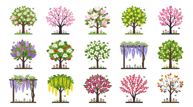 Flowering Trees and Garden Plants Icon Set