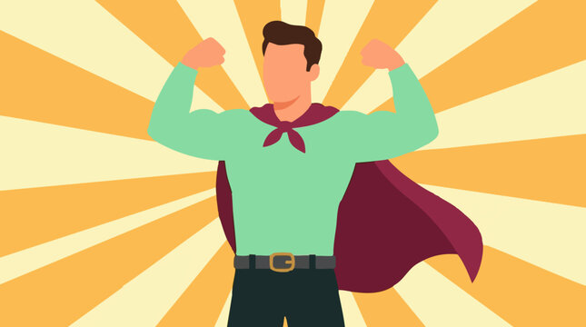 Powerful man in superhero cape flexing muscles against a dynamic sunburst background
