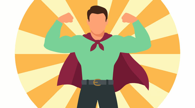 Strong man in superhero cape showing confidence and power
