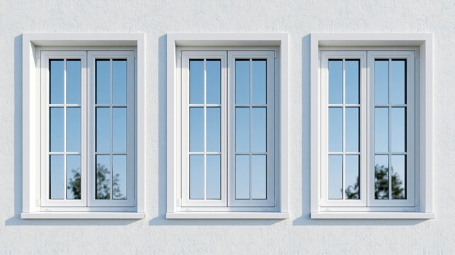 Three aluminium casement windows sit on a white wall.
