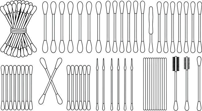 Cotton swabs and makeup applicators line vector icon set isolated on white background beauty tools collection