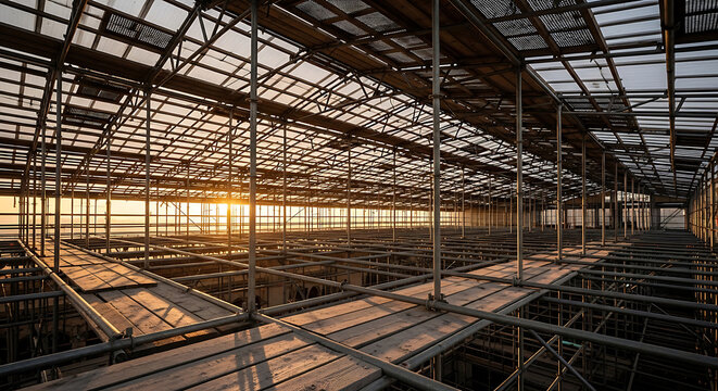 Industrial Scaffolding Inside a Large Building Construction Site During a Golden Sunset