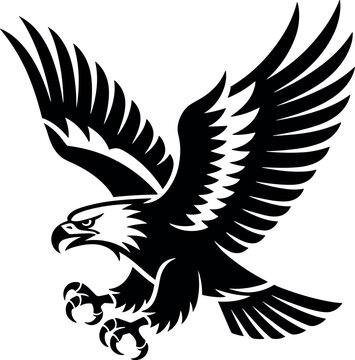 Flying eagle silhouette vector with spread wings and sharp talons isolated on a clean white background mascot design