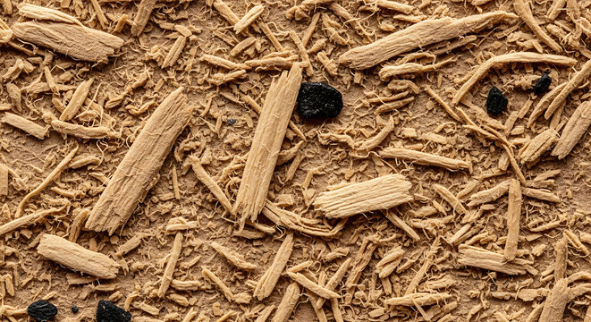 Close up view of natural wood shavings and organic fibers with a rough splintered texture