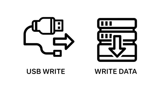 Data management icons representing usb file transfer and storage writing