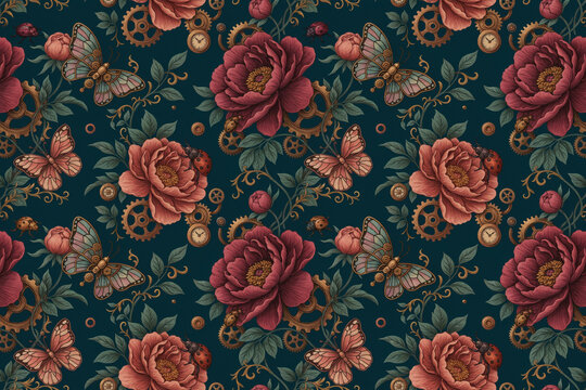 Steampunk inspired seamless pattern with dark teal background, featuring intricate mechanical, gears, blooming red, peony flowers, and, flying butterflies