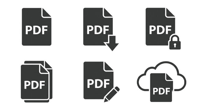PDF File Format Vector Icon Set: Flat Solid Document & Data Extension Graphics