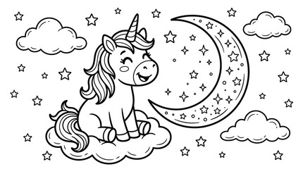 Fototapeta premium Cute unicorn sitting on fluffy cloud with crescent moon and stars in night sky line art drawing for kids coloring page and bedtime stories