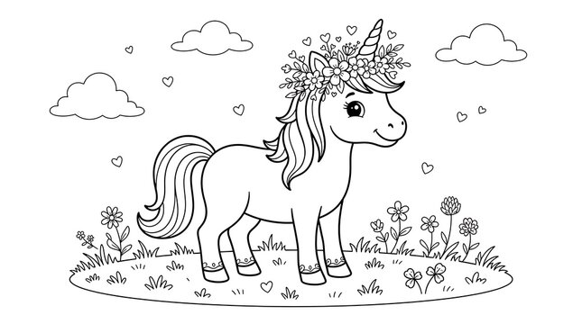 Adorable standing unicorn with floral wreath and clover leaves in sunny meadow line art drawing for kids coloring pages and artistic creative projects