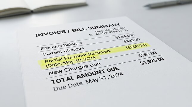 A detailed bill summary highlighting a partial payment received and the remaining amount due.