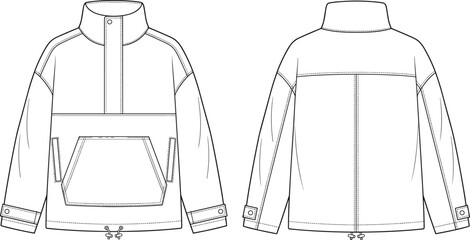 Front and Back Technical Jacket Flat Sketch with Kangaroo Pocket and Half Zip Design © MdHaberar