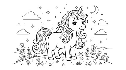Obraz premium Elegant unicorn with floral mane standing in starry night landscape vector coloring page for kids in detailed black and white line art illustration design