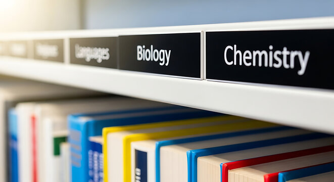 Library bookshelf with biology and chemistry labels representing academic science and education
