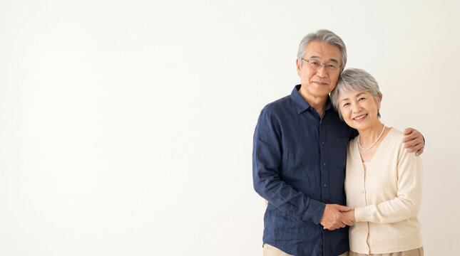 寄り添う笑顔のシニア夫婦 ポートレート コピースペース