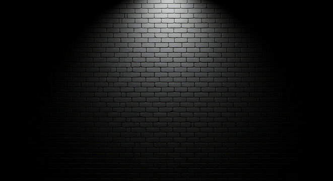 Cinematic dark brick wall illuminated by a single overhead spotlight showing architectural texture