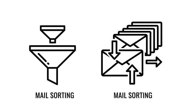 Minimalist mail sorting flowchart and email processing icons with processing