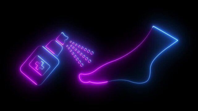 glowing neon Foot antiseptic spray icon isolated on black background. foot disinfection, wound care and first aid concept. 4k video animation.