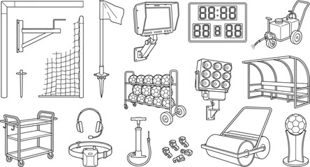 Sports Equipment and Stadium Facilities Outline Icon Set with Soccer Training Accessories and Athletic Venue Elements © MdShahin