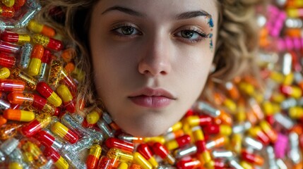 Fototapeta premium Portrait of Woman Surrounded by Colorful Capsules