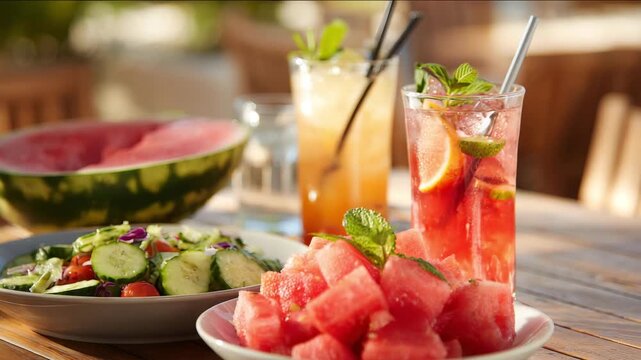 Refreshing summer drink with watermelon and cucumber salad outdoors Refreshing summer foods concept of healthy summer refreshment