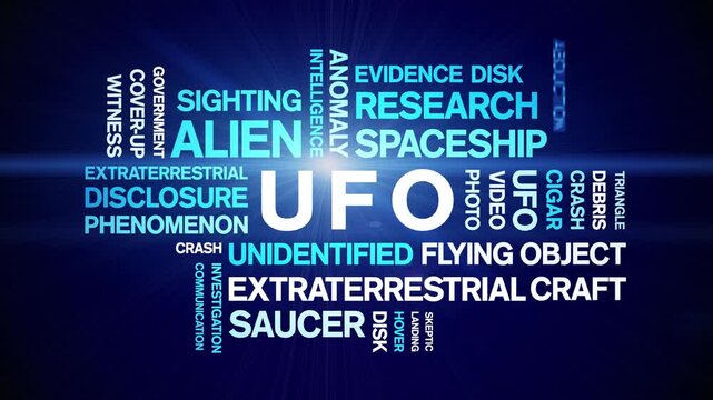 UFO animated word cloud-Unidentified Flying Object animation tag kinetic typography seamless loop.