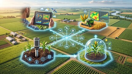A digital representation of smart agriculture technology improving crop management and efficiency in farming. © Jiraporn