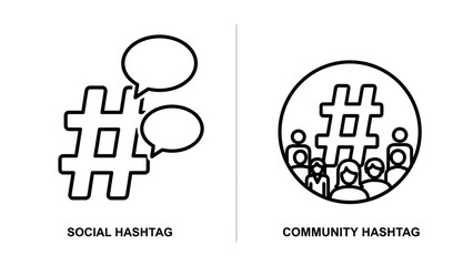 Fototapeta premium Social media and community hashtag icons with speech bubbles and group people