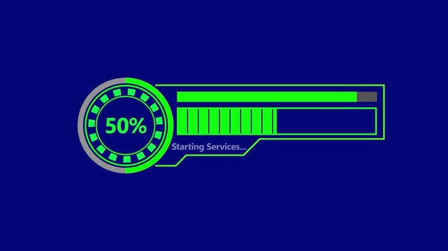 Digital loading progress bar interface animation with increasing percentage and glowing green elements on blue background.