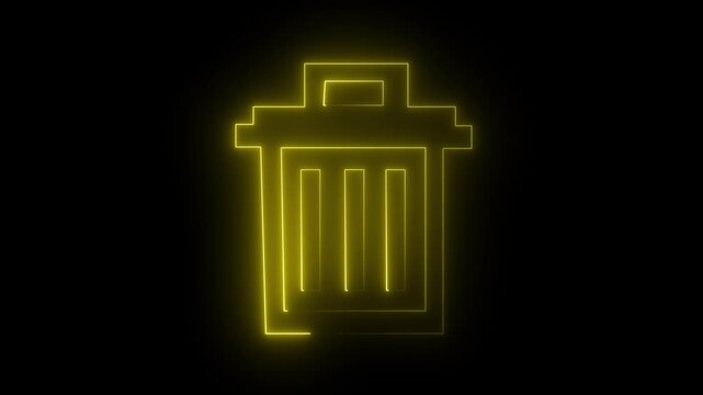 Neon trash can icon animation loop on black background. Digital file deletion, recycle bin concept, electronic data cleaning, and disposal symbol 4k video.
