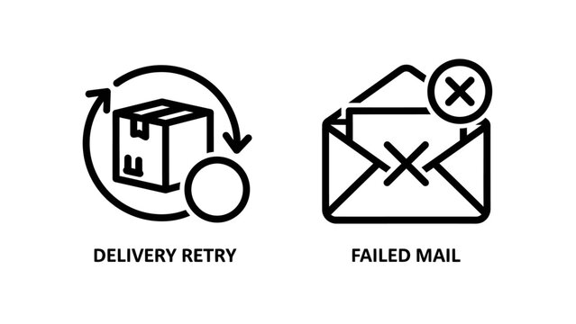 Delivery retry and failed mail notification icons with delivery, shipping
