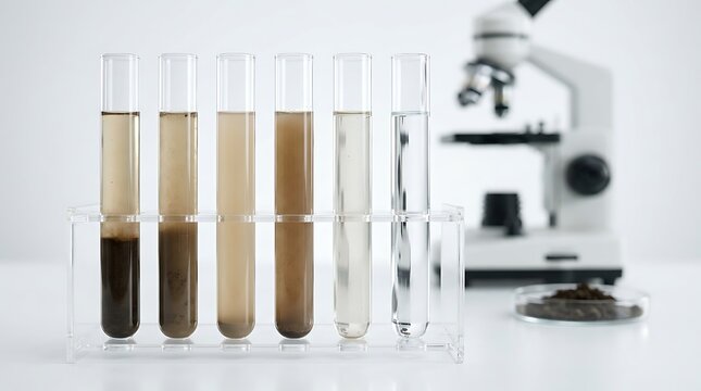 Water quality testing with soil samples in test tubes and laboratory microscope in background