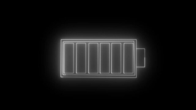 Glow neon battery charging icon animation black background,Charger, running from red low to white and blue full cell phone battery. 4K video animation .