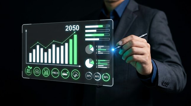 Business professional analyzing net zero emissions and climate change data on holographic screen