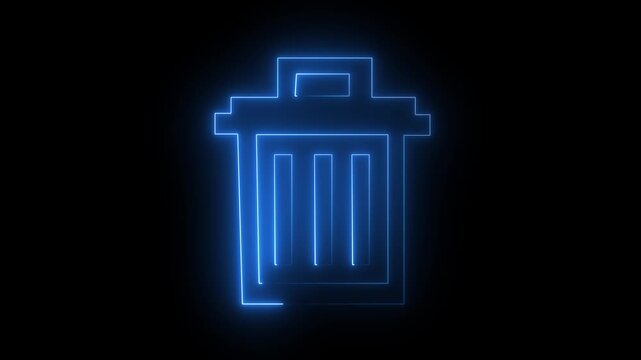Neon trash can icon animation loop on black background. Digital file deletion, recycle bin concept, electronic data cleaning, and disposal symbol 4k video.