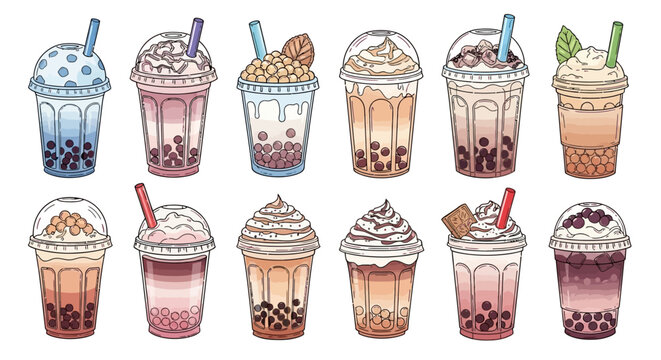Watercolor illustration set of various bubble tea flavors with tapioca pearls and whipped cream toppings.