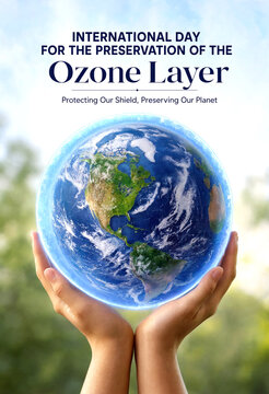 Hands holding a globe representing international day for the preservation of the ozone layer concept