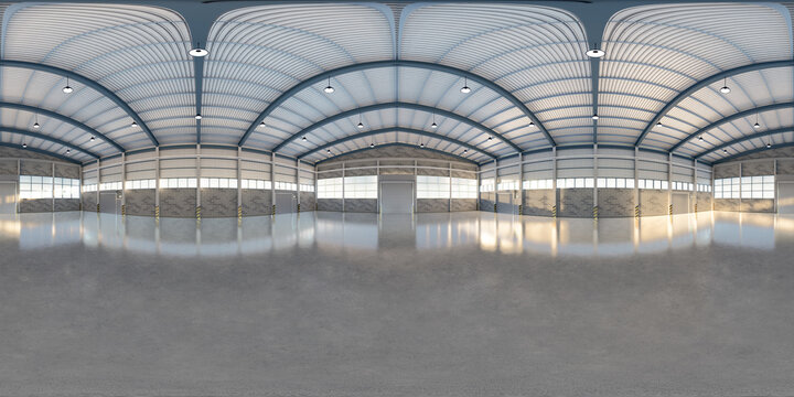 Super high-resolution 3D panoramic rendering of modern warehouse interior featuring polished concrete floor. Represent 360 panorama, HDRI environment, VR background, virtual reality, game environment.