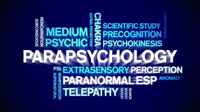 Parapsychology animated word cloud-animation tag kinetic typography seamless loop.